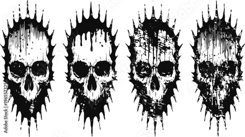 grunge skull illustrations with splatter effects in black and white dark horror gothic design set