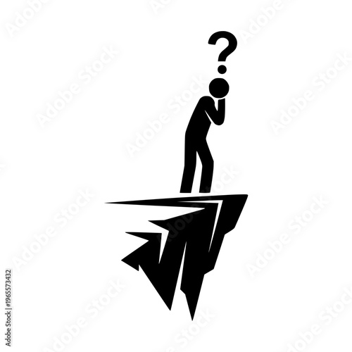 Person on cliff with question mark icon