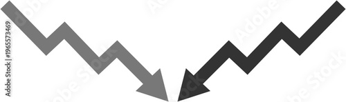 Downward trend arrows vector graphic, two dark gray zigzag lines pointing down, representing decline, loss, or negative business performance, ideal for financial reports and data visualization