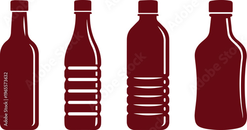 Dark red glass and plastic bottles vector set, various beverage container silhouettes, packaging design elements for food and drink products, isolated on white