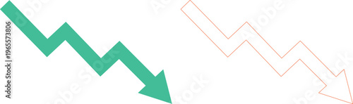 Downward Trend Arrow Vector Icon. Green and Outline Orange Zigzag Arrow Pointing Down, Symbolizing Decline and Decrease. Financial Market Drop, Business Loss