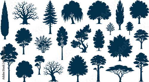 Diverse tree silhouettes vector collection, various forest and park trees, botanical nature elements, dark blue plant shapes for landscape design and environmental projects