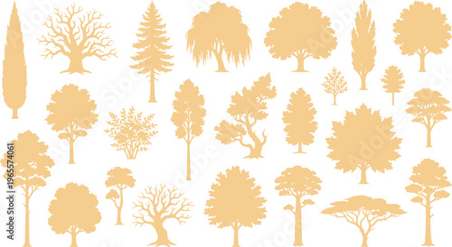 Diverse tree silhouettes vector collection, various deciduous and coniferous tree shapes, natural forest elements for landscape design, botanical illustrations, or environmental graphics