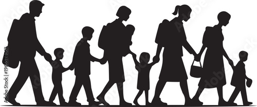 Black silhouette of a large family with children walking in a line carrying backpacks on white background