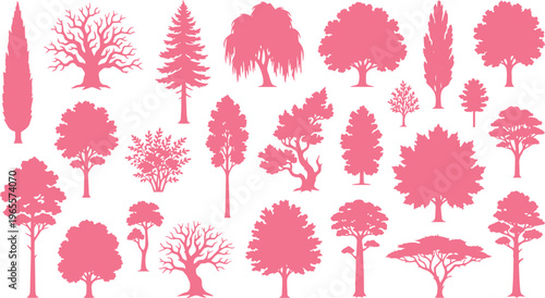 Diverse tree silhouettes vector collection, various deciduous and coniferous tree shapes, natural forest elements, botanical design assets for nature-themed projects