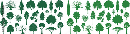 Diverse Green Tree Silhouettes, a comprehensive vector collection of various deciduous and coniferous trees, perfect for nature-themed designs, environmental projects, and landscape illustrations