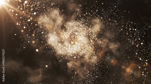 Abstract swirling golden particles and light flares create a dynamic and ethereal background effect with a sense of cosmic wonder and celebration