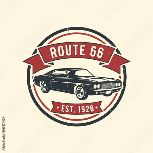 Vintage Route 66 car emblem with classic badge and banner marking establishment in 1926 and a retro travel motif.