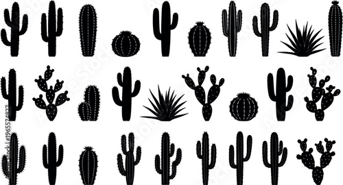 Black Silhouette Vector Set of Desert Cactus and Succulent Plants Including Saguaro, Barrel, Prickly Pear, and Agave for Botanical, Southwestern, and Graphic Designs
