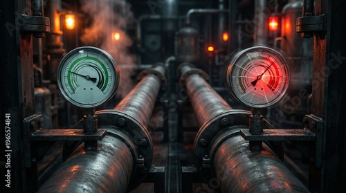 Industrial Pressure Gauges on Pipes with Contrasting Safe and Danger Readings