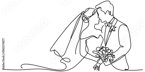 A beautiful continuous line drawing illustration depicting a romantic bride and groom portrait