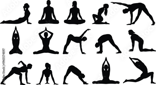 "Collection of Silhouette Yoga Poses for Flexibility, Stretching, and Exercise Illustrations"