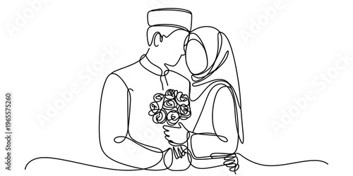 Continuous line drawing of a newlywed muslim couple holding a bouquet of flowers in an embrace