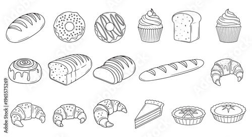 Bakery Pastry Bread Donut Cupcake and Croissant Outline Vector Set