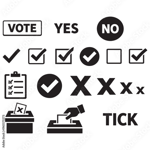 Vote Check Mark Yes No Ballot Box and Tick Icon Vector Set