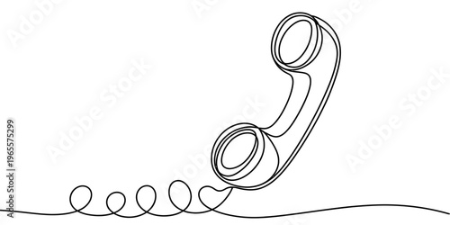 A single continuous black line drawing of an old fashioned telephone handset with a curly cord