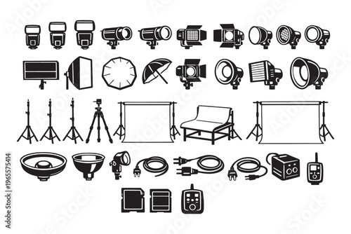 Photography Studio Equipment Icon Set Camera Flash Light Softbox Backdrop Vector