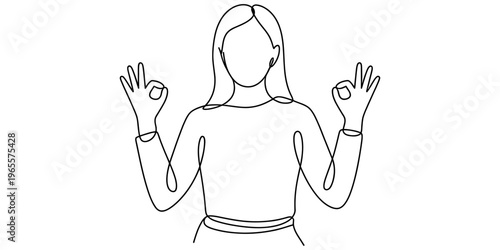 A continuous line drawing of a woman expressing a positive emotion with a hand gesture sign