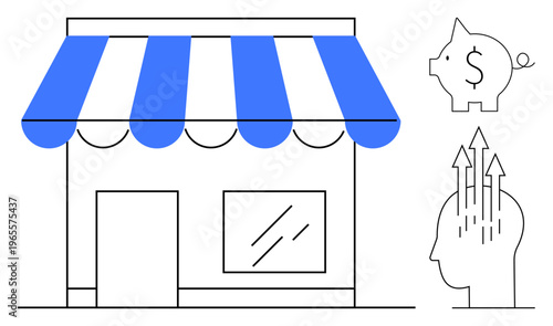 Small business concept. Small business growth, financial savings, and innovative ideas are through storefront, piggy bank, and upward arrows. For startups, entrepreneurship and retail. Usage
