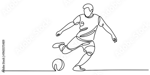 A continuous line drawing of a soccer player kicking a ball in a minimalist black and white style