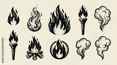 Set of vintage hand drawn fire flame torch and smoke icons in woodcut style on light background, concept for outdoor camping logo, retro graphic design and symbolic illustration elements