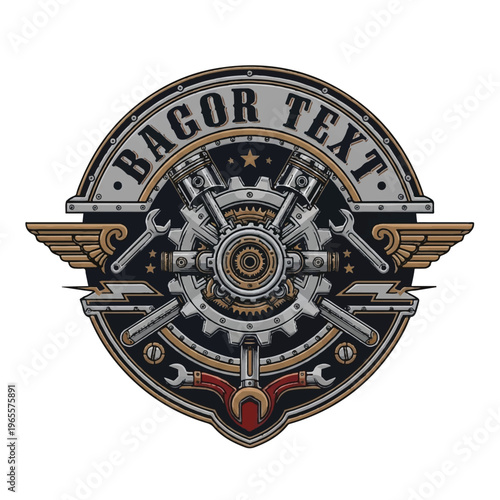 Circular emblem logo featuring gears, wings, banner, and mechanical crest design.