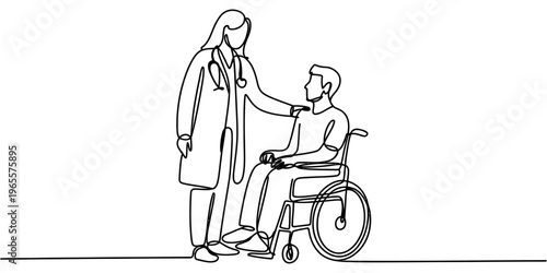 A single line drawing representing a caring doctor comforting a patient sitting in a wheelchair.