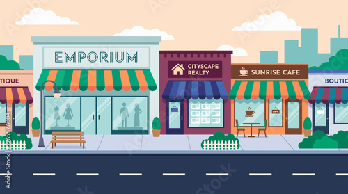 Modern flat vector illustration of city street block with storefronts featuring cafe and boutique, concept for urban business district, local retail marketing and commercial street development