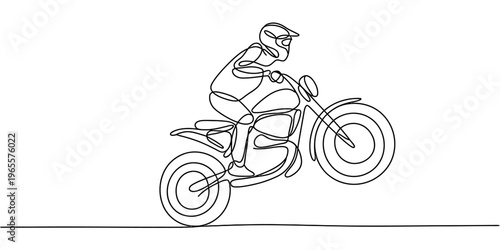 A single continuous line drawing of a person riding a dirt bike performing a wheelie maneuver.