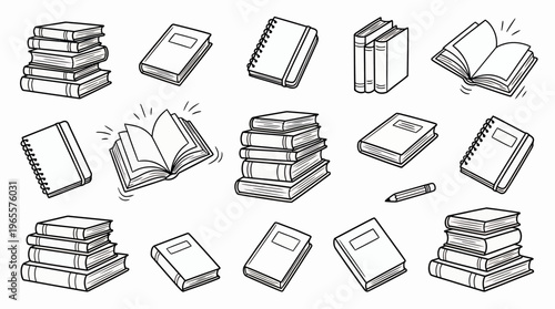 Hand drawn doodle book icons with stacked textbooks notebooks and open pages in black white line art style, concept for educational publishing, library database and school supplies marketing