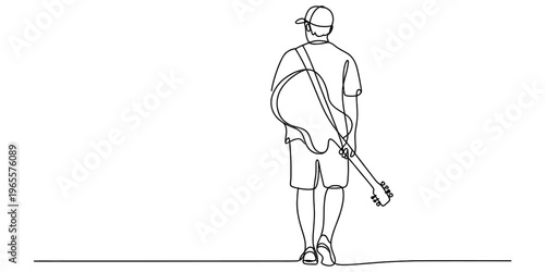 A continuous line drawing of a young musician walking away while carrying his acoustic guitar.