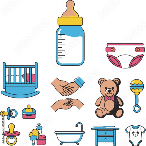 Baby nursery and bathing essentials with toys and accessories