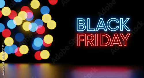 Vibrant black friday neon sign with colorful bokeh lights