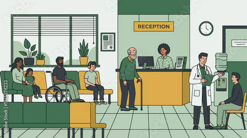 Medical administrator and doctor assisting diverse patients in a modern hospital waiting area, concept for healthcare management, medical services and clinical insurance advertising
