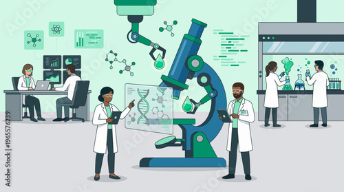 Professional research directors and laboratory scientists working with robotic microscopes and holographic screens, concept for medical innovation, biotechnology research and scientific development