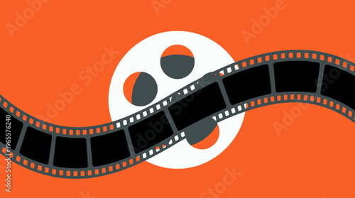 Stylized movie film strip waving across a white reel icon on a vibrant orange background, concept for cinema marketing, video production services and film industry advertising