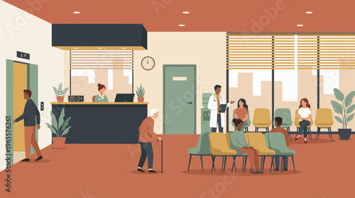 Modern hospital clinic lobby with diverse patients waiting, professional doctor and receptionist on duty, concept for healthcare services, medical management and patient care support