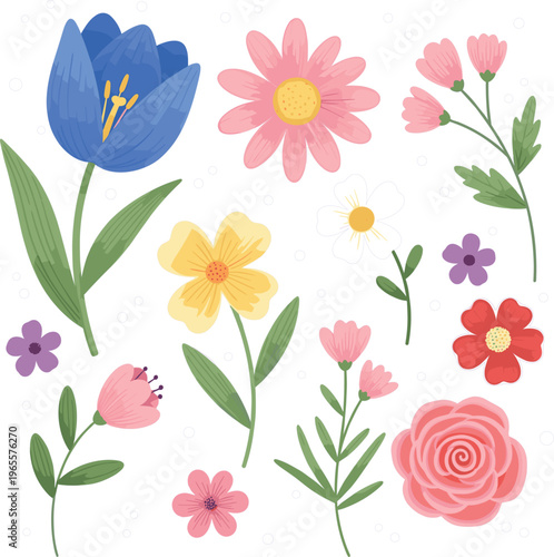 Set of Colorful Flower Vector Illustrations with Tulip, Daisy, Rose, Daffodil, and Wildflowers for Botanical, Garden, Spring, and Decorative Designs