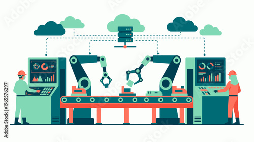 Industrial production line with robotic arms and conveyor belt managed by production managers at digital control panels, concept for smart factory, industrial automation and cloud computing