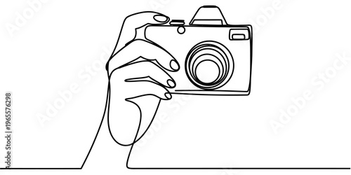 A single continuous line drawing of a hand holding a vintage camera to capture a special moment