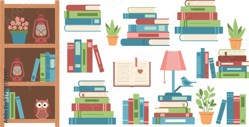 Cozy Book Shelf Illustration Set with Books, Plants, Lanterns, and Cute Decorative Items for Home Decor and Reading Enthusiasts