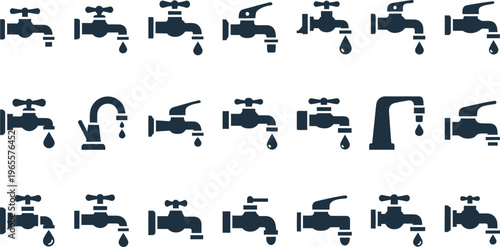Water faucet and tap vector icons set for plumbing, bathroom, and kitchen fixture symbols, water supply