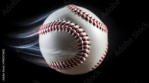 High-speed motion capture photography, a white baseball with red stitching flying rapidly against a black background, with a smoke trail outlining its path. 