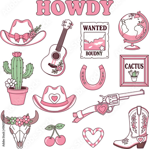 Western Cowgirl Vector Illustration Set with Cowboy Hats, Boots, Guitar, Cactus, Horseshoe, Revolver, Skull, Cherries, Globe, and “Howdy” Typography for Wild West and Country Designs