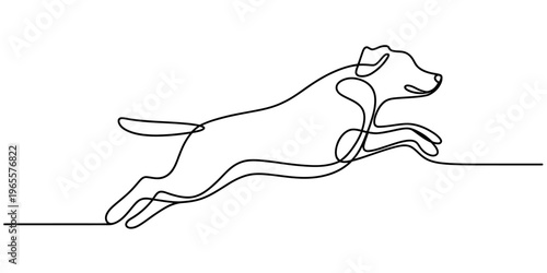 A continuous line drawing of a happy dog leaping forward in a simple and minimalist art style