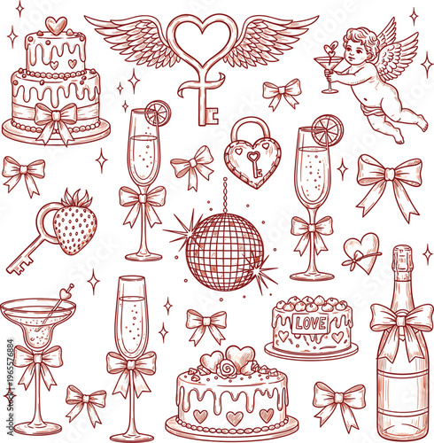 Valentine’s Day Vector Illustration Set with Romantic Cakes, Champagne, Glasses, Cupid, Hearts, Key, Lock, Ribbons, and Disco Ball for Love, Celebration, and Party Designs