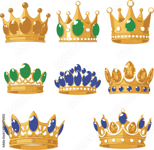 A collection of seven colorful crowns with various gemstones