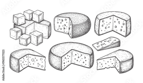 Hand drawn assortment of cheese wheels wedges and cubes food dairy vintage rustic
