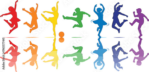 Colorful Silhouette of Dancing Children in Different Poses, Energetic Dance Movement with Reflection