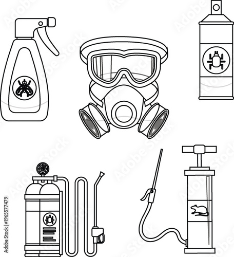 Pest control equipment collection: spray bottle, gas mask, aerosol can, sprayer, and pump, vector illustration